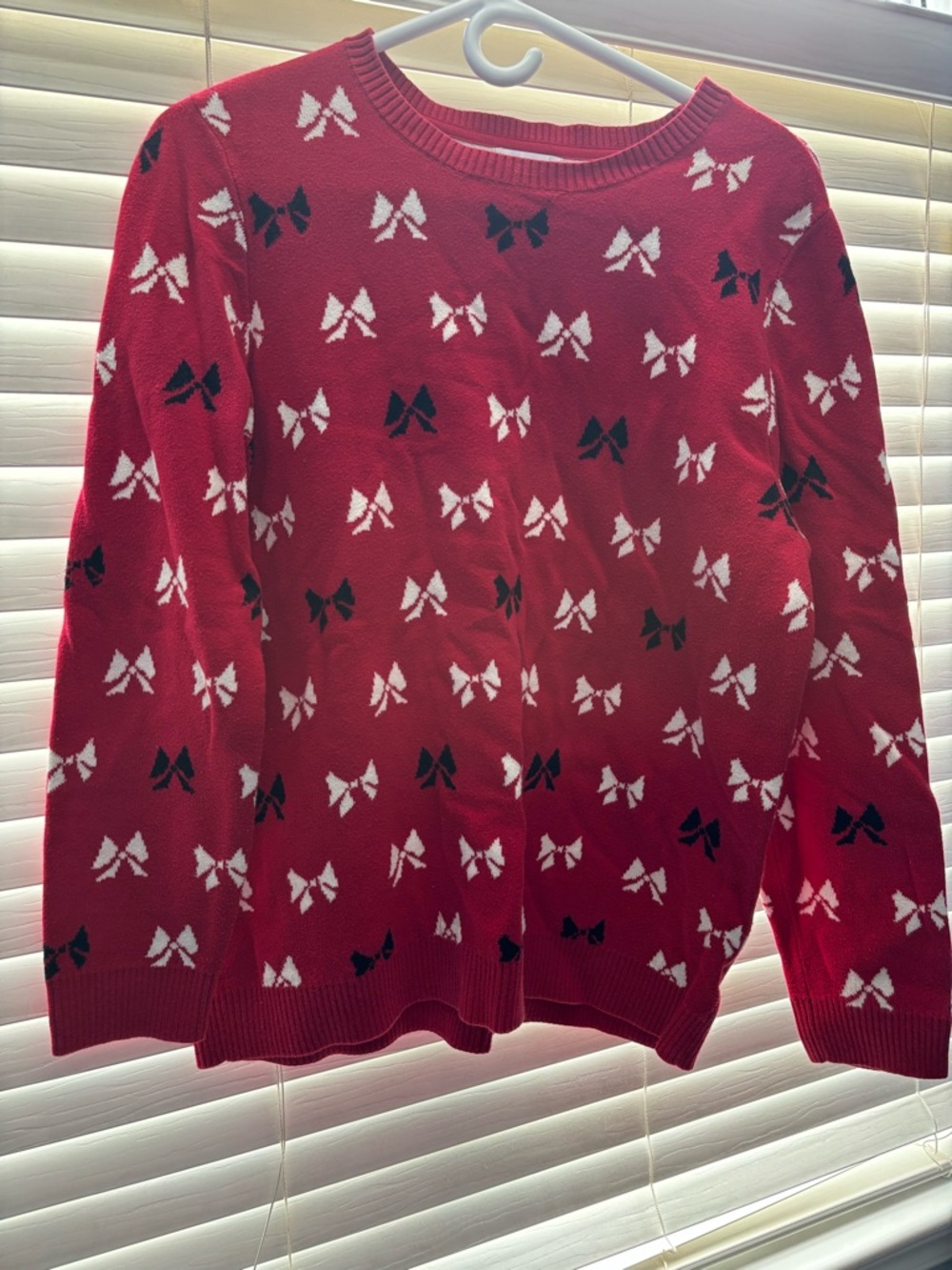 Charter Club Red Long Sleeve Sweater with Black and White Bow Pattern